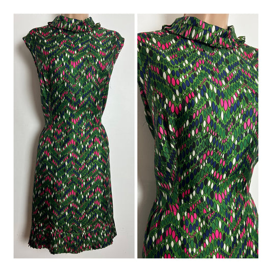Vintage 1960s CALIFORNIA "THE LOOK YOU LOVE" Size 14 Green Pink White & Blue Abstract Print Mod Dress