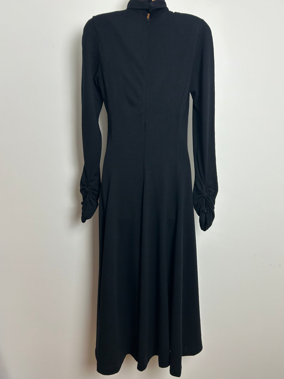 Vintage 1980s LAURA ASHLEY Size 10 Black 100% Wool Jersey Roll Neck Long Sleeve Midi Dress