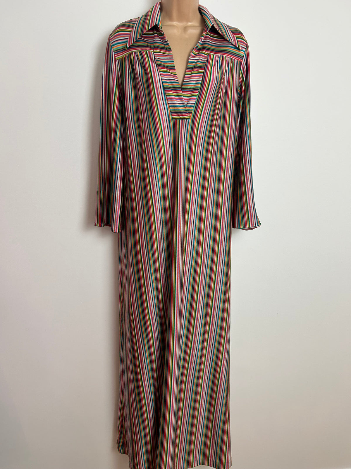 Vintage 1970s Up To Size 16 ST MICHAEL Green Pink Red Yellow Stripe Print Dagger Collar Kaftan Maxi Dress
