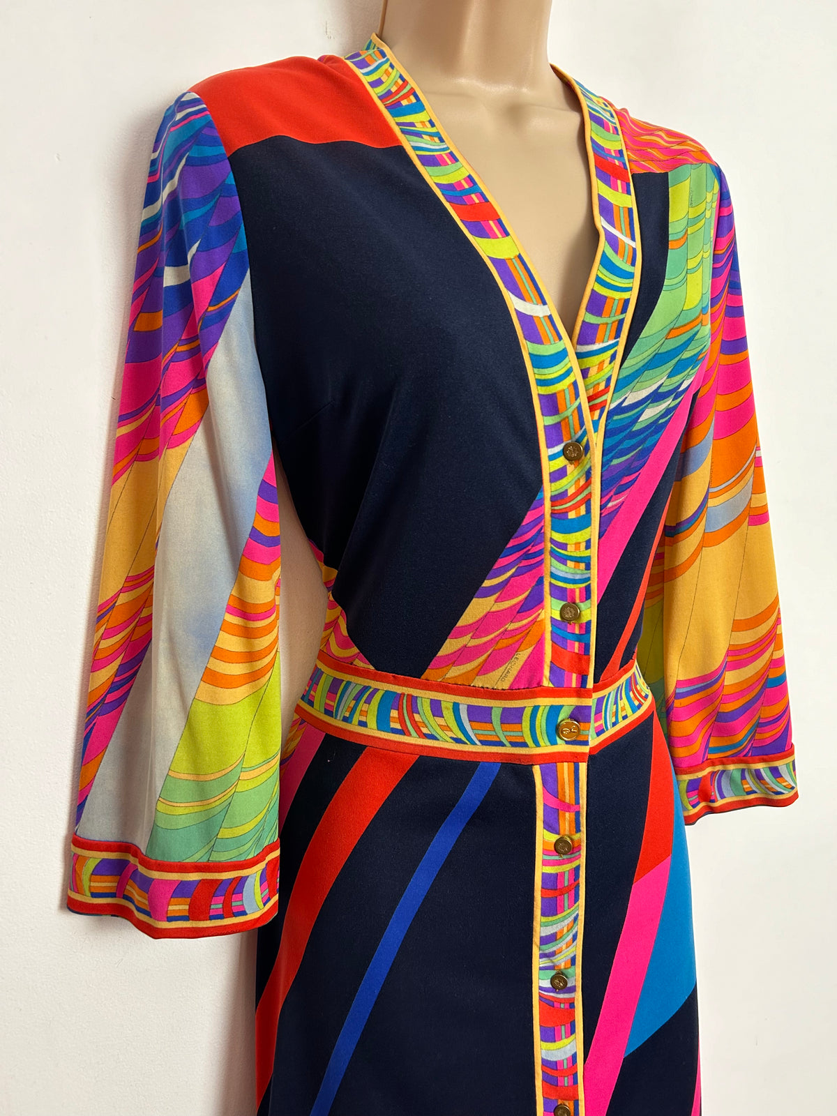 Vintage 1970s LEONARD PARIS UK Size 12 Stunning Vibrant Abstract Print Mikado Silk Jersey Designer Dress