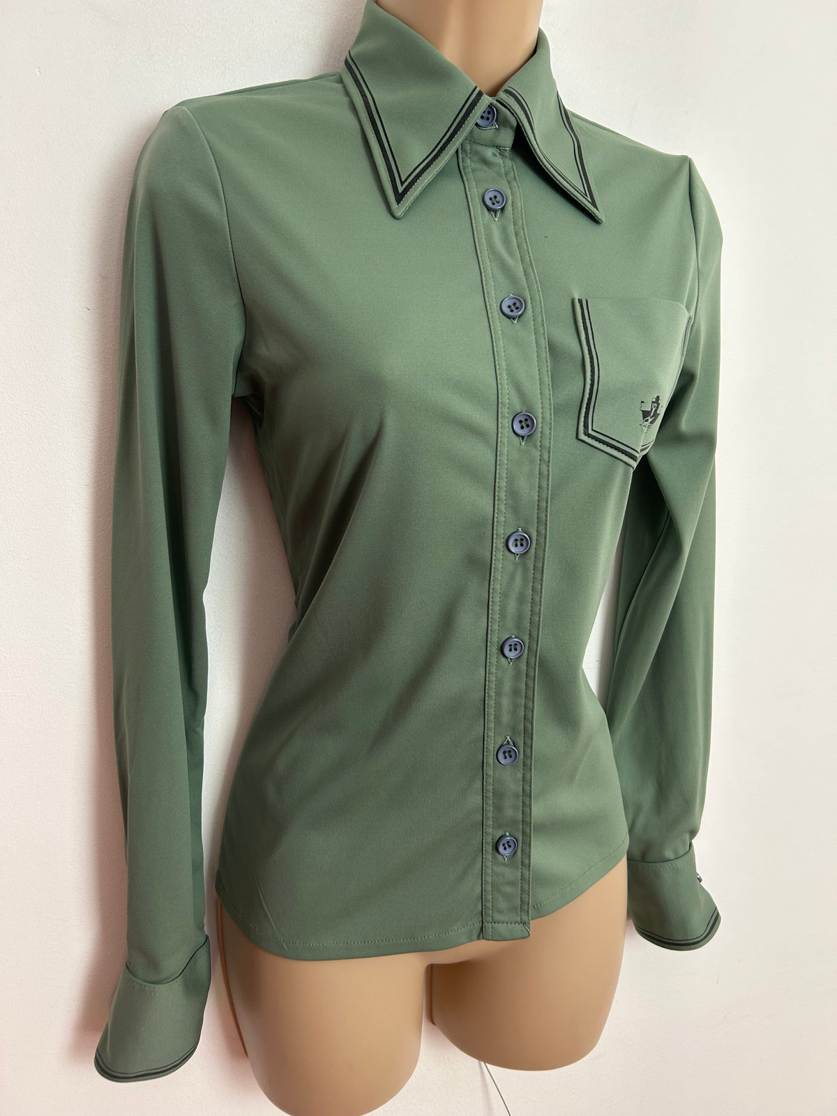 Vintage 1970s UK Size 8 Sage Green Stripe Print Pocket Detail Long Sleeve Shirt