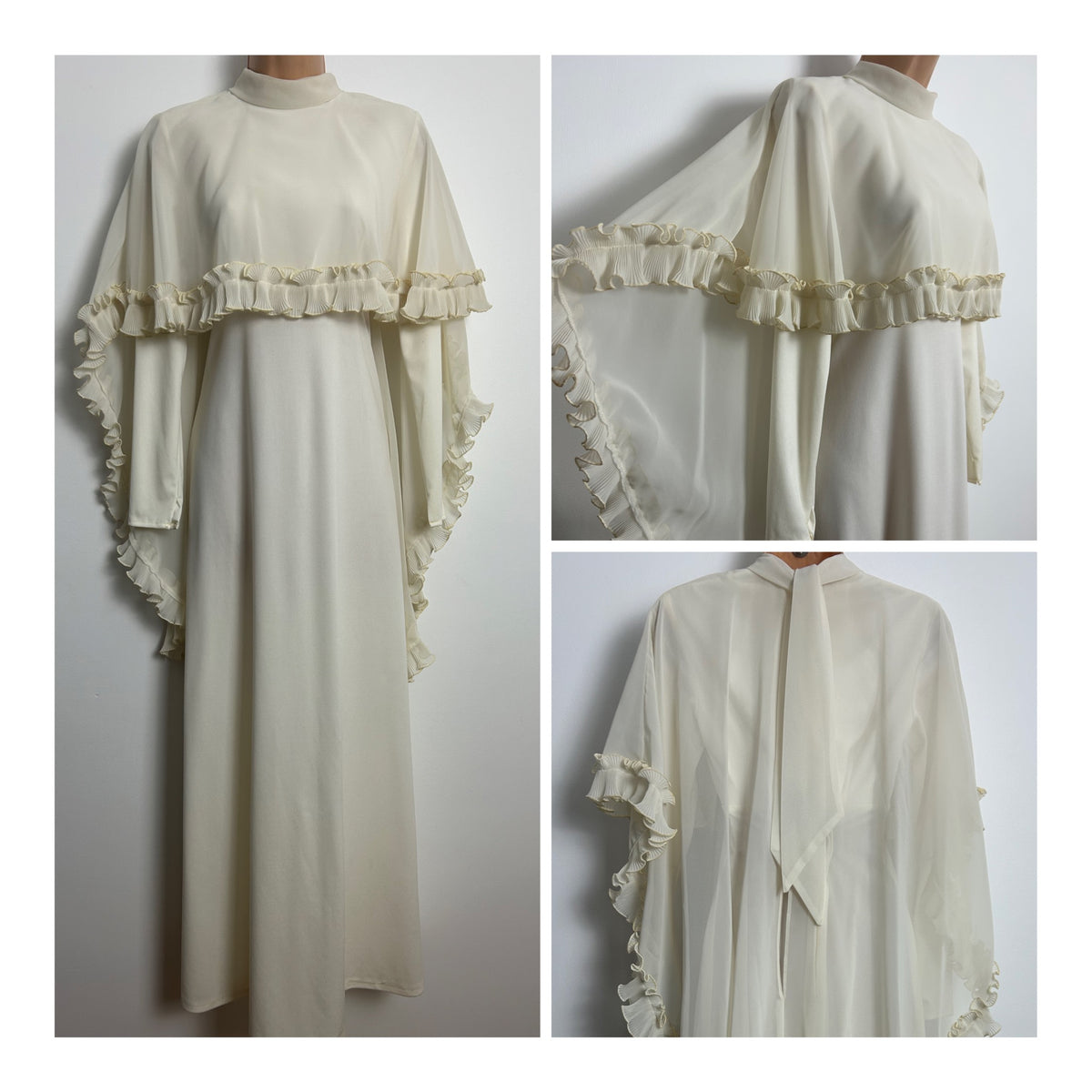 Vintage Early 1970s Size 8 Cream Chiffon Cape Overlay Long Sleeve Boho Occasion Dress Hostess Gown