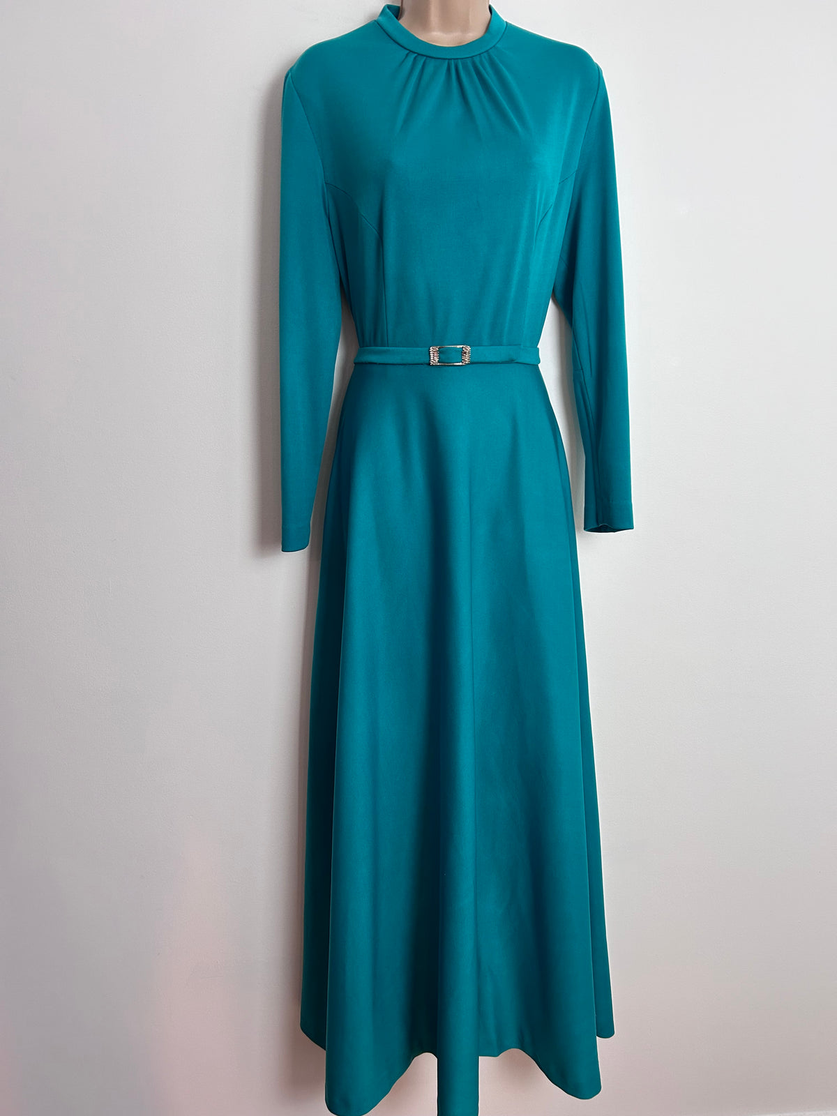 Vintage 1970s RIDELLA UK Size 12 Jade Green Long Sleeve Belted Maxi Dress