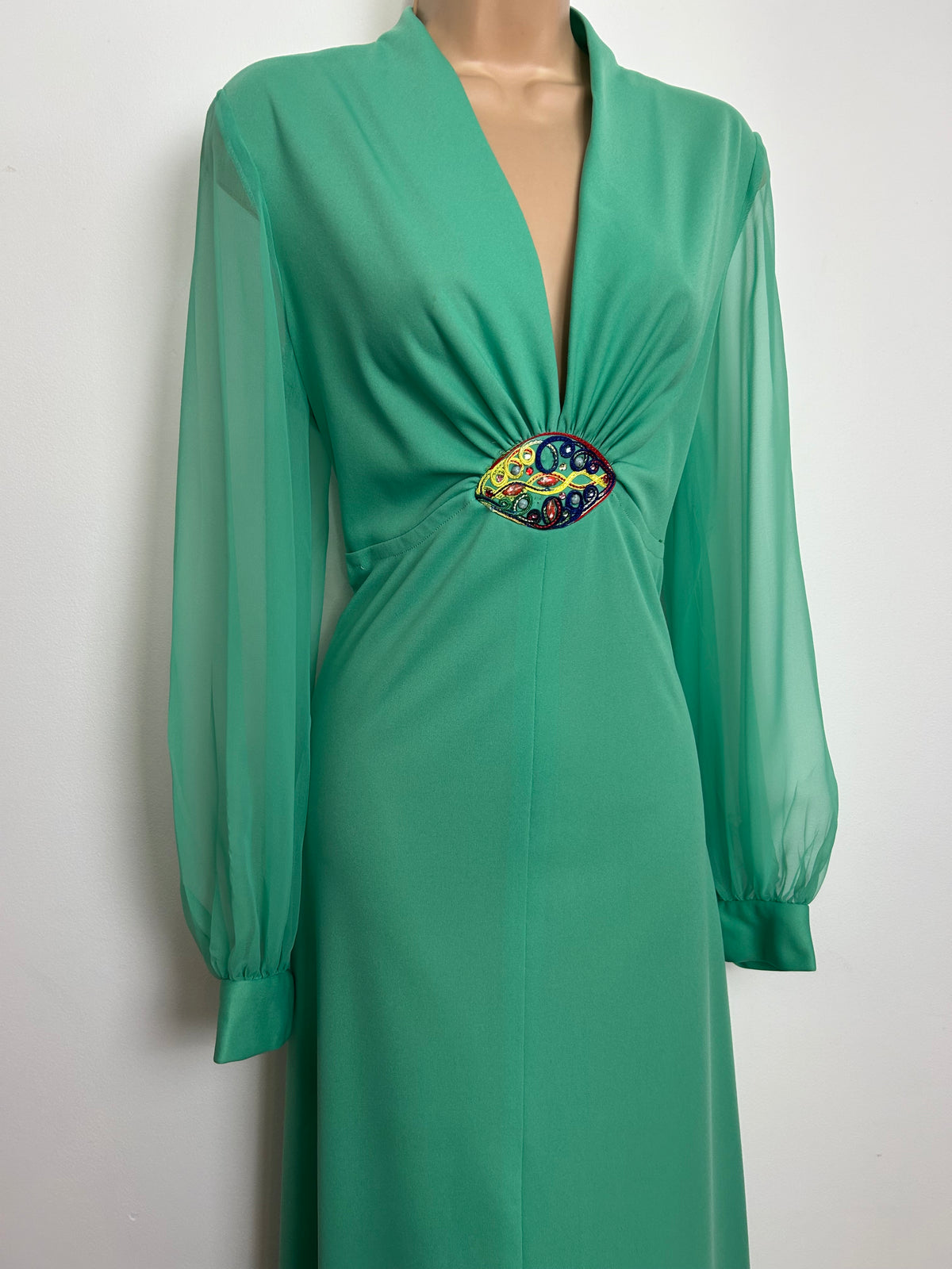 Vintage 1970s Size 12 Jade Green Long Chiffon Sleeves Occasion Maxi Dress