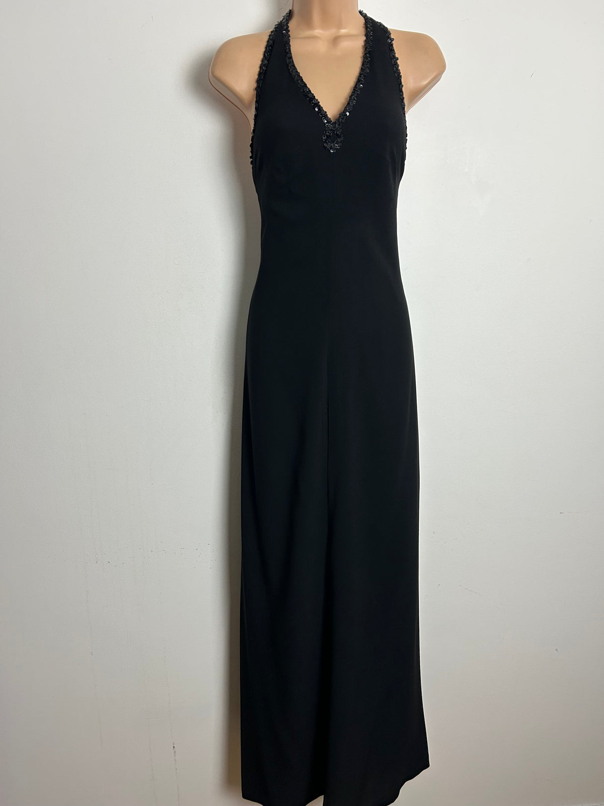 Vintage 1970s Size 10-12 BlackPure New Wool Sequin Open Back Bow Strap Halter Neck Evening Maxi Dress
