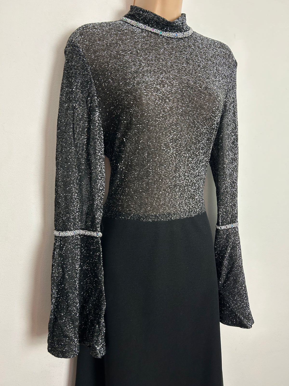 Vintage 1970s UK Size 12 Black & Silver Lurex Split Sleeve Occasion Evening Maxi Dress