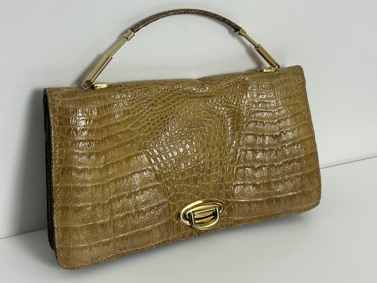 Vintage 1970s Camel Colour Reptile Mock Croc Grab Handle Handbag