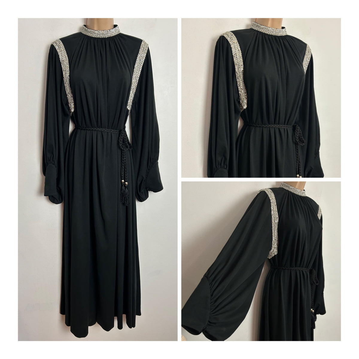 Vintage 1970s UK Size 14-16 Black Silver Braid & Sequin Trim Balloon Cuffed Sleeve Belted Occasion Evening Maxi Dress