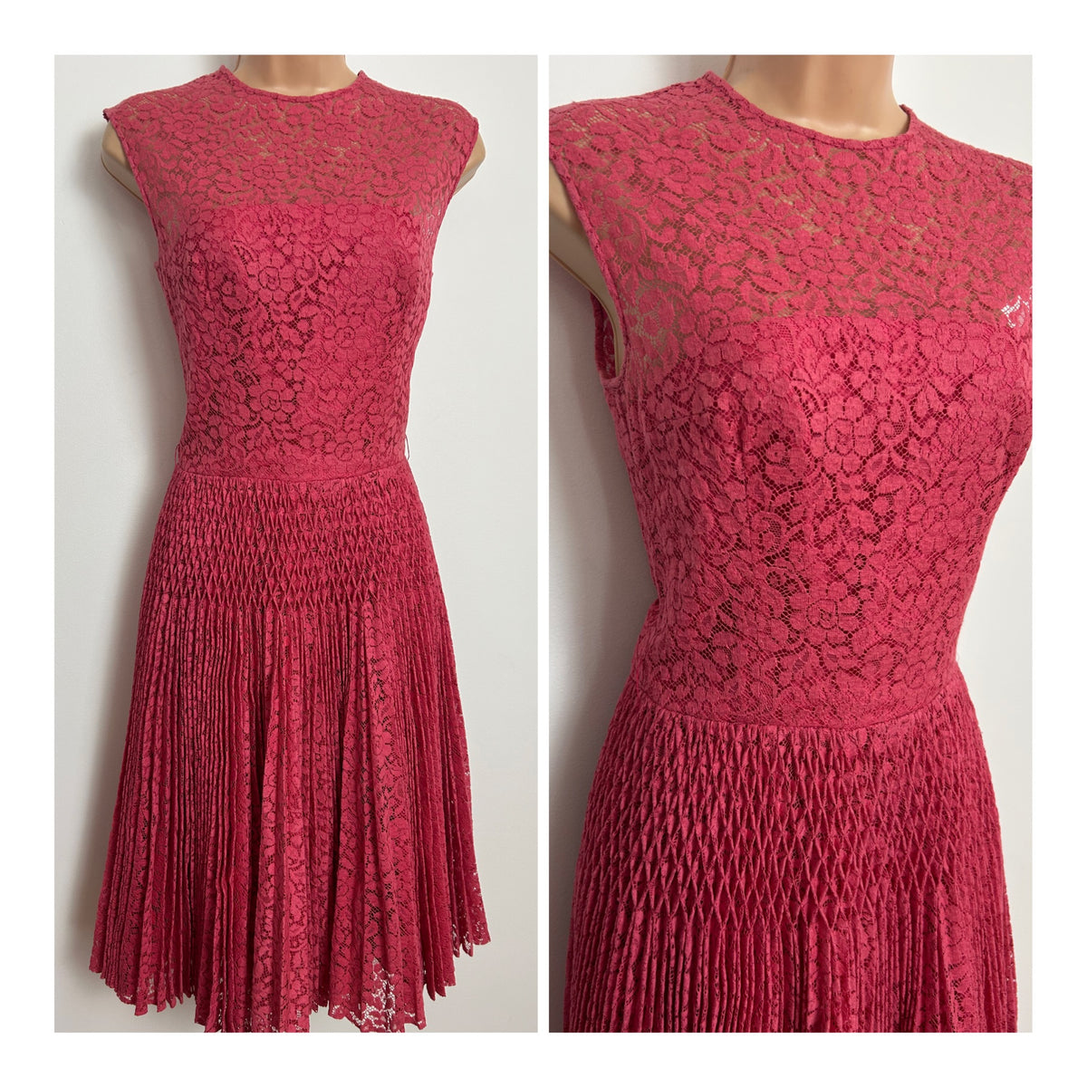 Vintage Early 1970s Size 6 Pink Lace Pintuck Detail Pleated Party Cocktail Dress