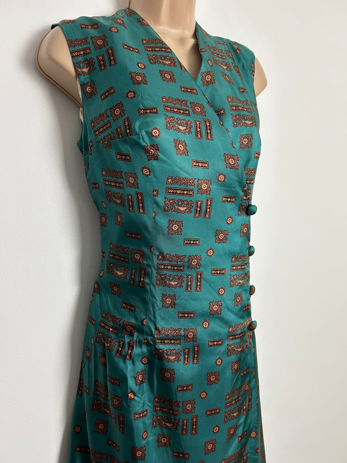 Vintage 1960s UK Size 10-12 Teal & Brown Abstract Print Silky Feel Full Wrap Dress