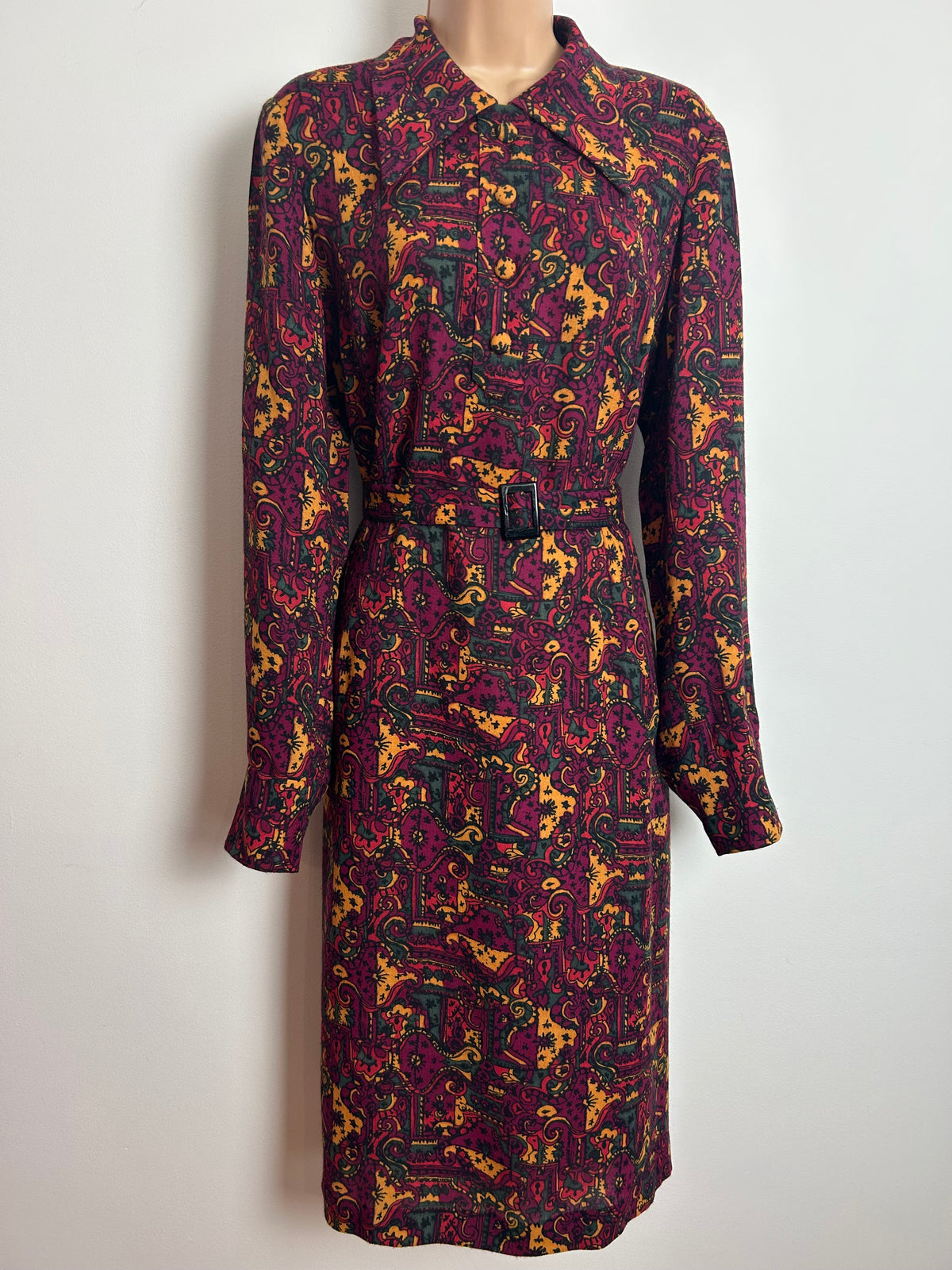 Vintage 1970s Size 16 Wine Mustard & Dark Green Abstract Nouveau Inspired Print Wool Mix Belted Long Sleeve Dress