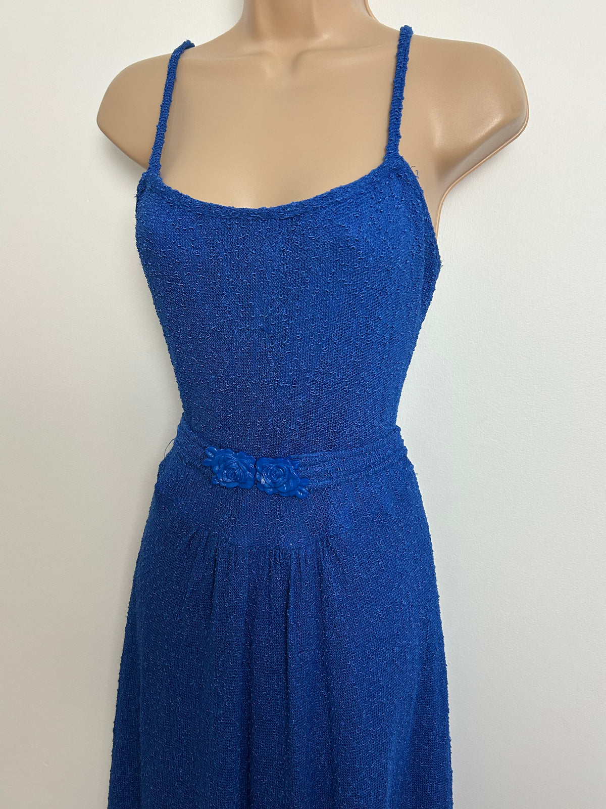 Vintage Late 1970s Size 10-12 Royal Blue Flower Buckle Strappy Summer Day Dress