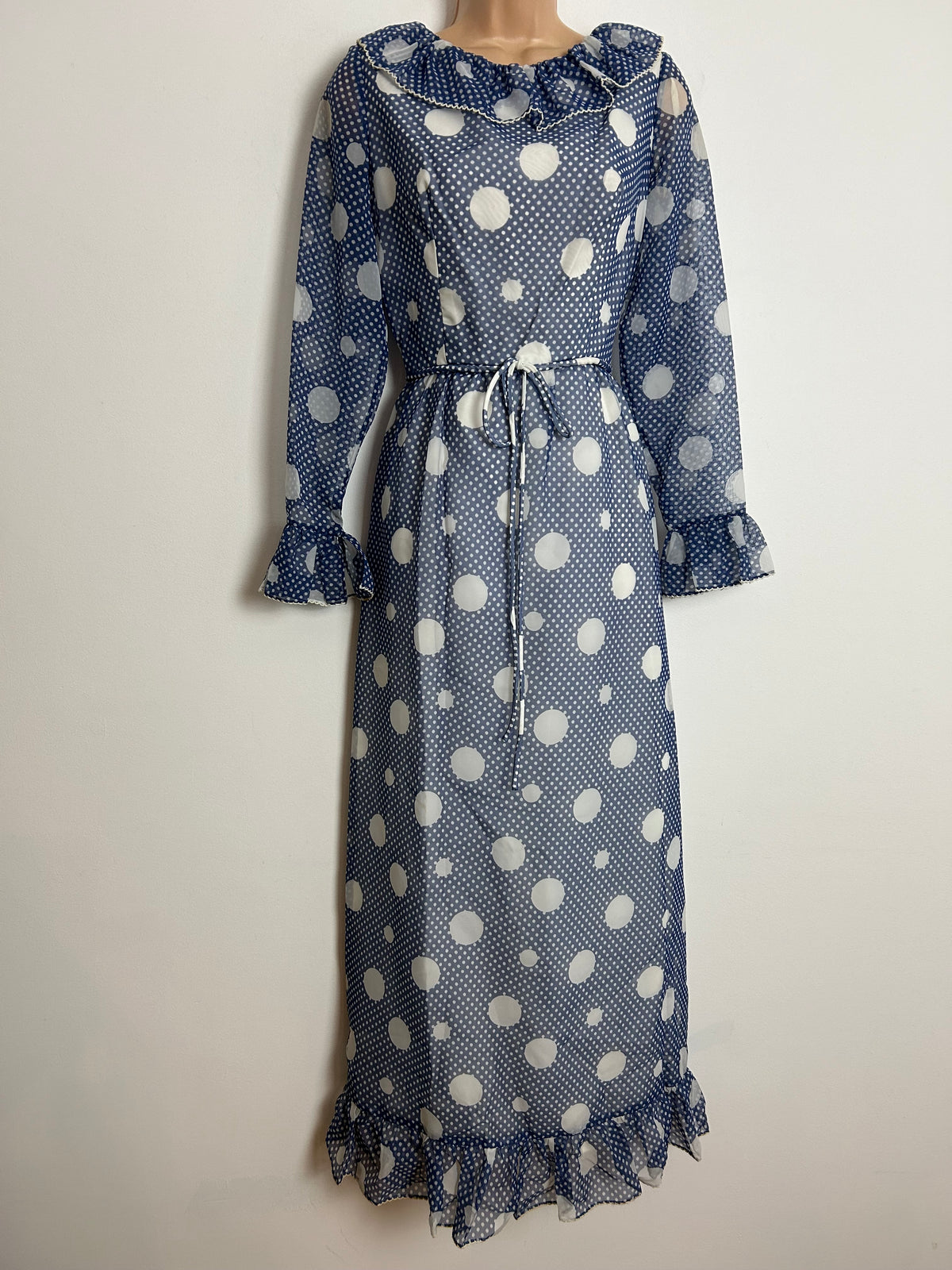 Vintage Early 1970s SUSAN SMALL UK Size 8 Blue & White Polka Dot & Spotty Open Back Ruffle Trim Detail Long Sleeve Maxi Dress