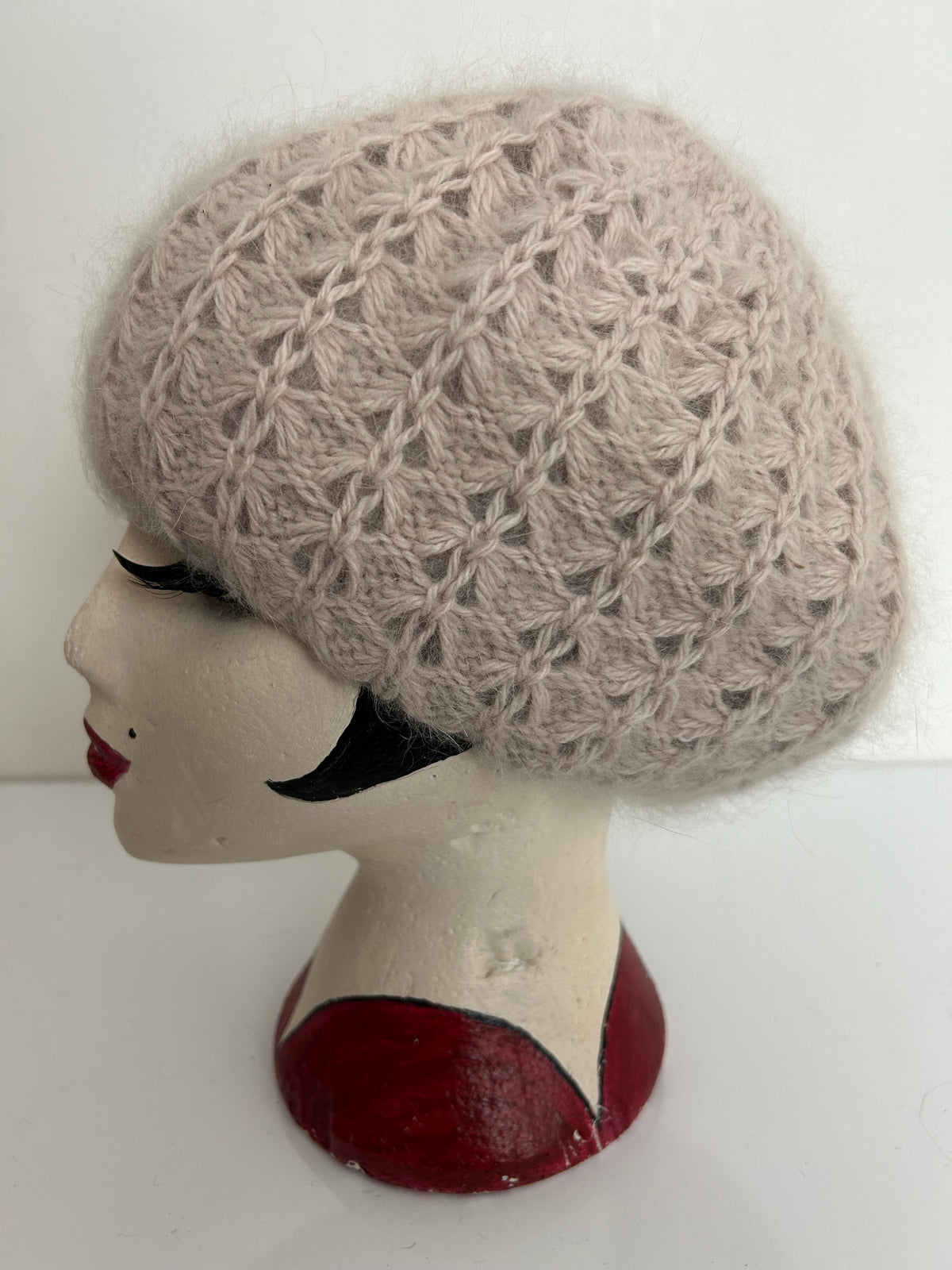 Vintage Pale Nude Pink Wool & Angora Chunky Knit Reversible Beanie/Beret Style Hat