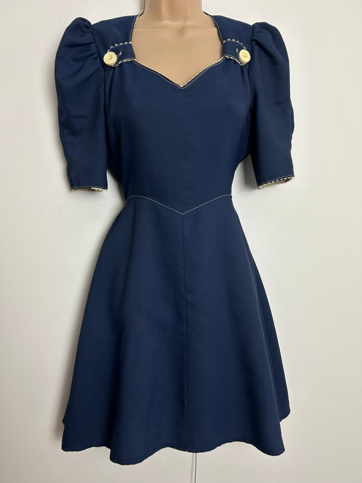 Vintage Early 1970s PETALS UK Size 6-8 Navy Blue Button & Tab Detail Fit & Flare Mod Dolly Dress