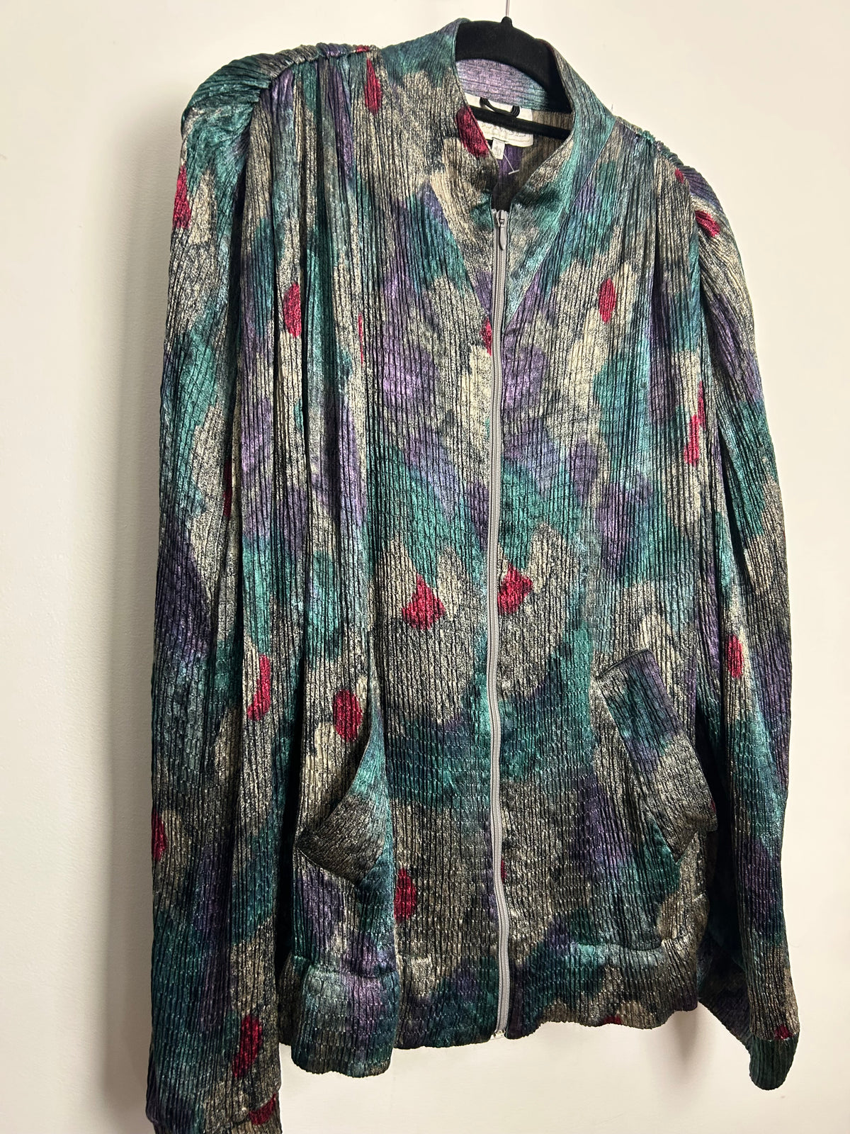 Vintage Late 1980s VERSE Up To Size 16 Grey Purple Teal & Red Silky Plisse Pleated Zip Up Jacket