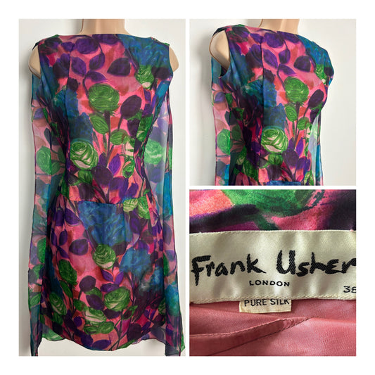 Vintage 190s FRANK USHER Size 8 Pink Blue Purple & Green Floral Pure Silk Cape Back Dress