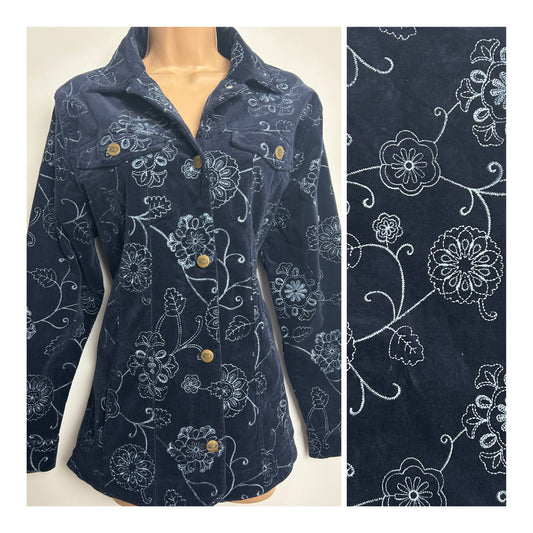 Vintage 1990s Size 12-14 Dark Blue Floral Stitch Detail Needlecord Corduroy Jacket