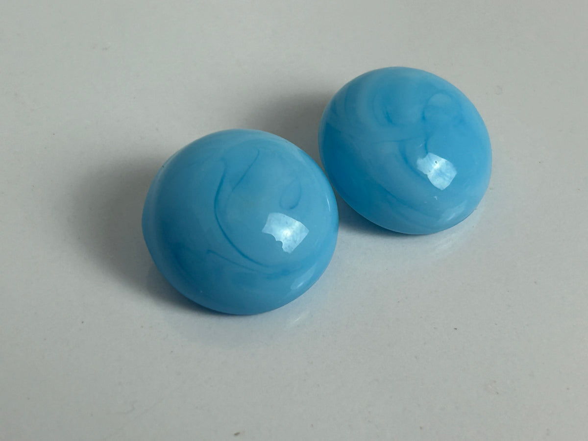 Vintage 1960s Blue Milk Glass Round Clip On Earrings