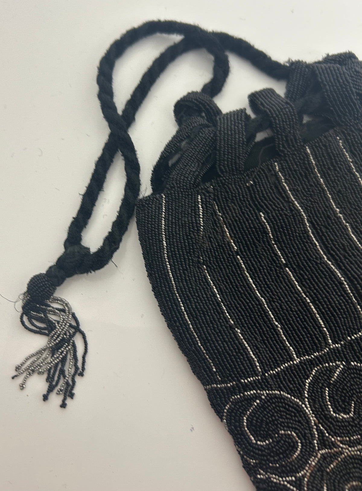 Vintage Circa 1920s Black & Silver Micro Beaded Swirl Pattern Pouch Style Flapper Bag