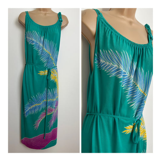 Vintage Early 1980s FURSTENBERG Size 12 Jade Green Blue Yellow & Pink Leaf Print Belted Sundress