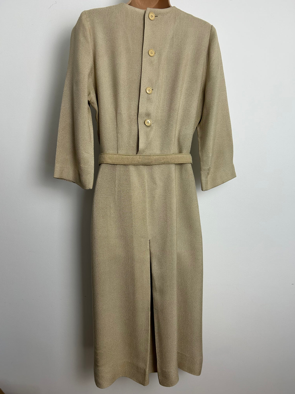 Vintage 1950s CHARLES BUTLER Size 12 Beige MOYGASHEL Irish Linen Belted Dress