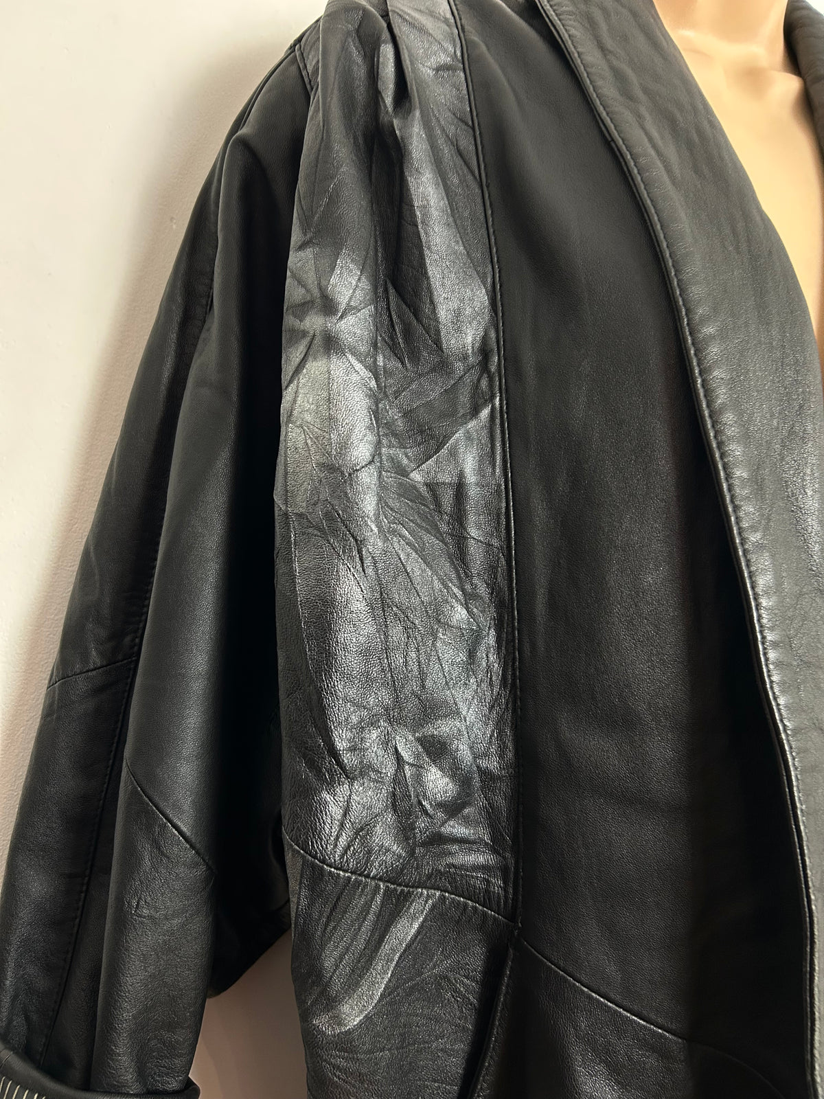 Vintage 1980s CABRINI Up To Size 14 Black & Silver Pattern Open Fronted Leather Jacket