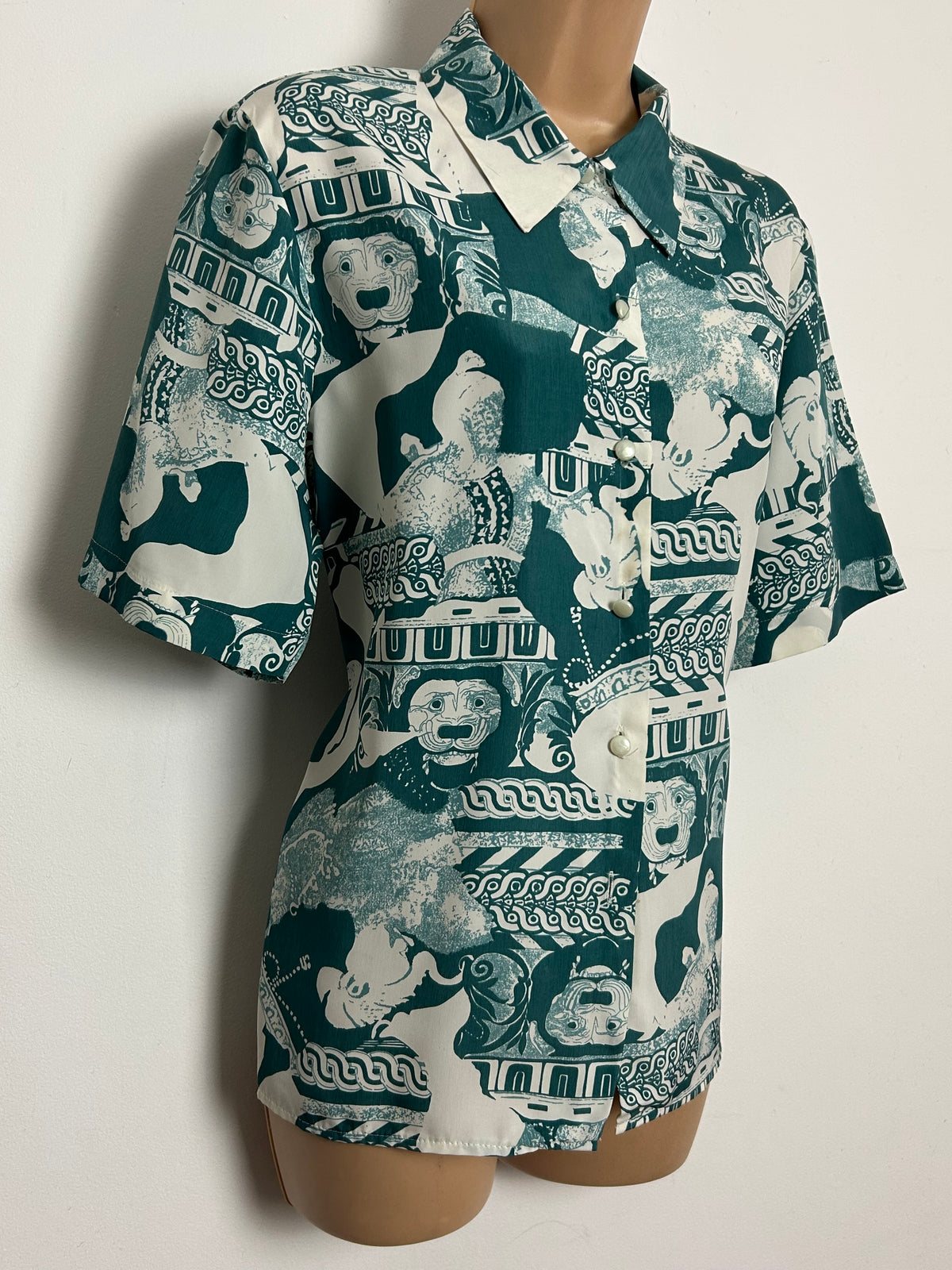 Vintage 1980s LEONELLA Size 14 Teal Green & White Abstract Print Long Sleeve Shirt