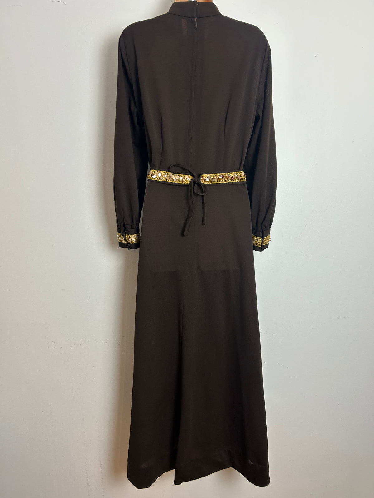 Vintage Early 1970s C&A Size 16 Chocolate Brown & Gold Sequin Trim Belted Occasion Evening Maxi Dress
