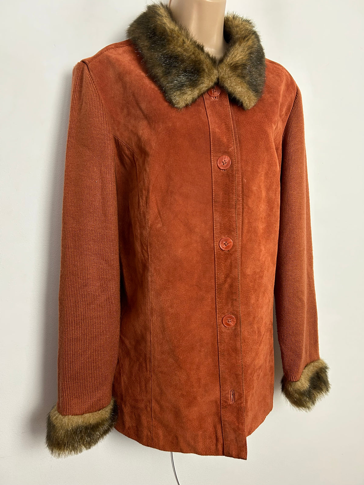 DENNIS BASSO UK Size L (14-16) Rusty Orange Genuine Suede & Wool Mix Faux Fur Trim Jacket