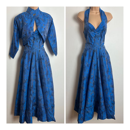 Vintage 1950s Size 6 Blue & Gold Stamped Floral Print Halter Neck Party Dress & Matching Jacket