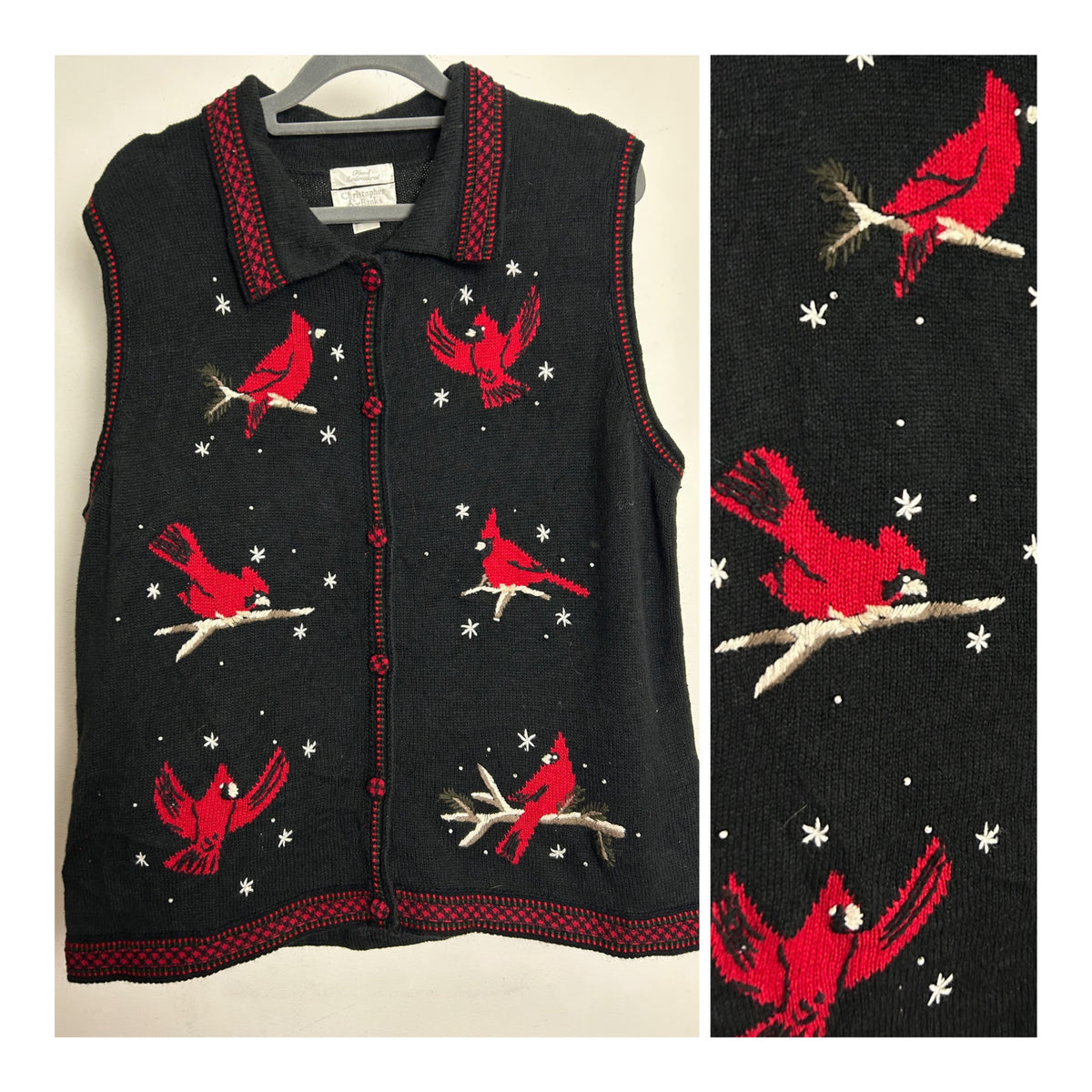 Vintage Y2K CHRISTOPHER & BANKS Up To Size 16 Black & Red Bird Pattern Sleeveless Cardigan
