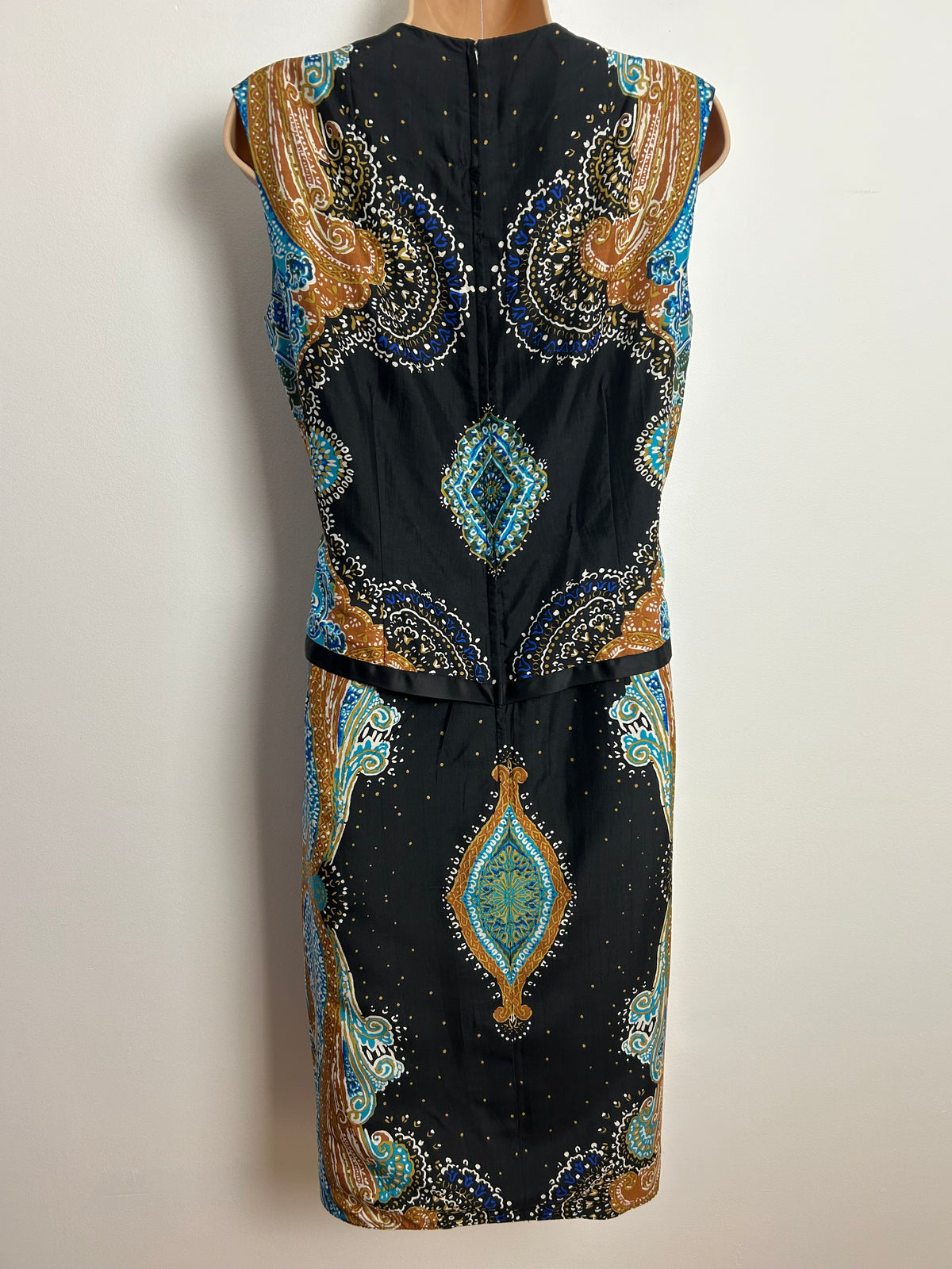 Vintage 1960s SWISS CHALET OF DIDSBURY UK Size 10 Black Brown & Blue Abstract Print Double Layered Silk? Dress
