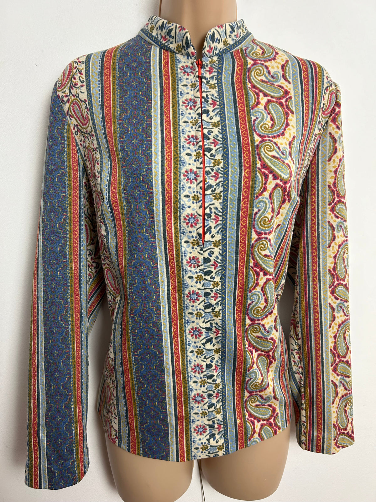 Vintage 1970s UK Size 14-16 Blue Cream & Dark Pink Tones Stripe Floral & Paisley Print Long Sleeve Top