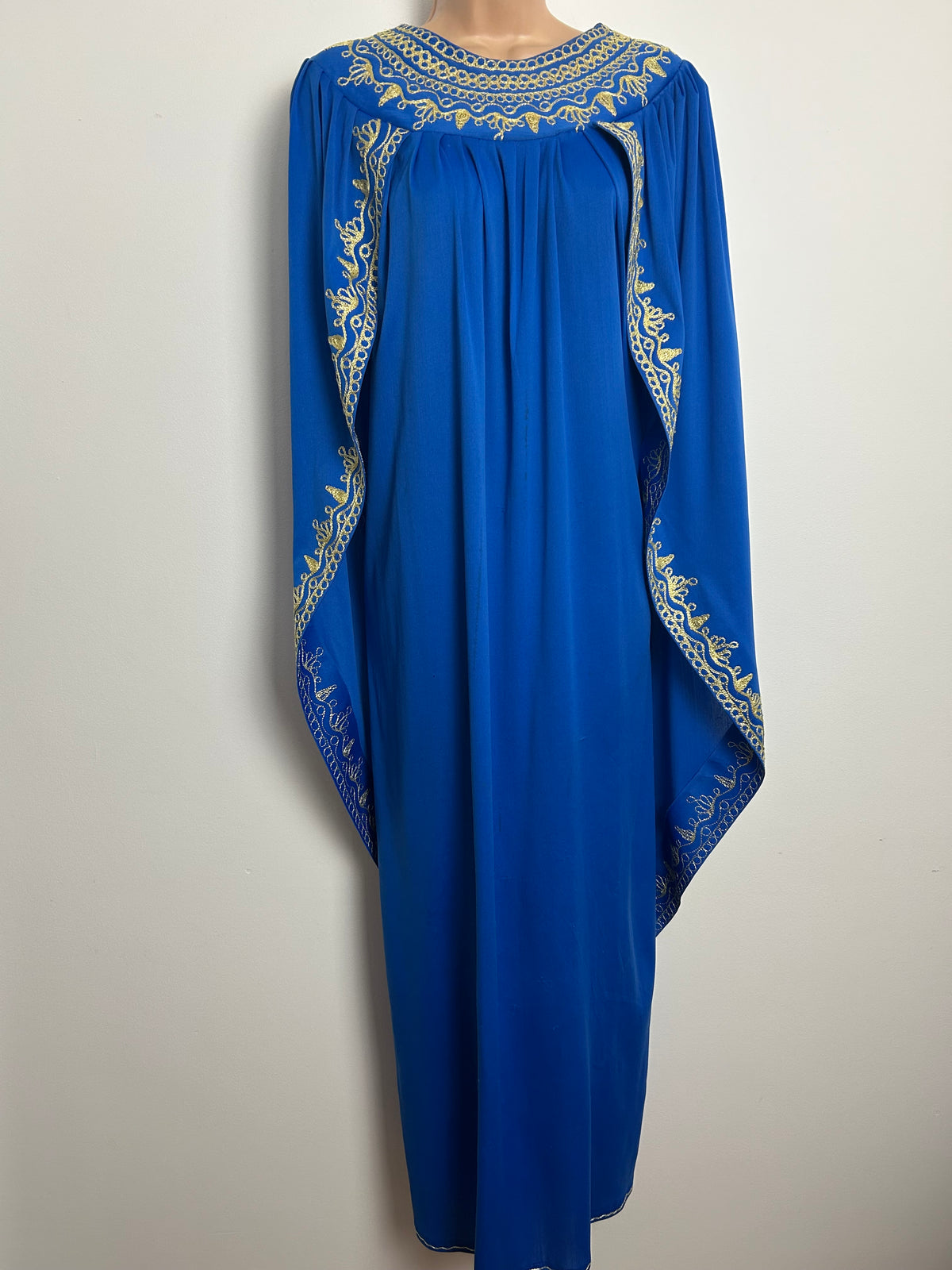 Vintage One Size Up To Size 16 Royal Blue & Gold Embroidered Caped Occasion Kaftan Maxi Dress