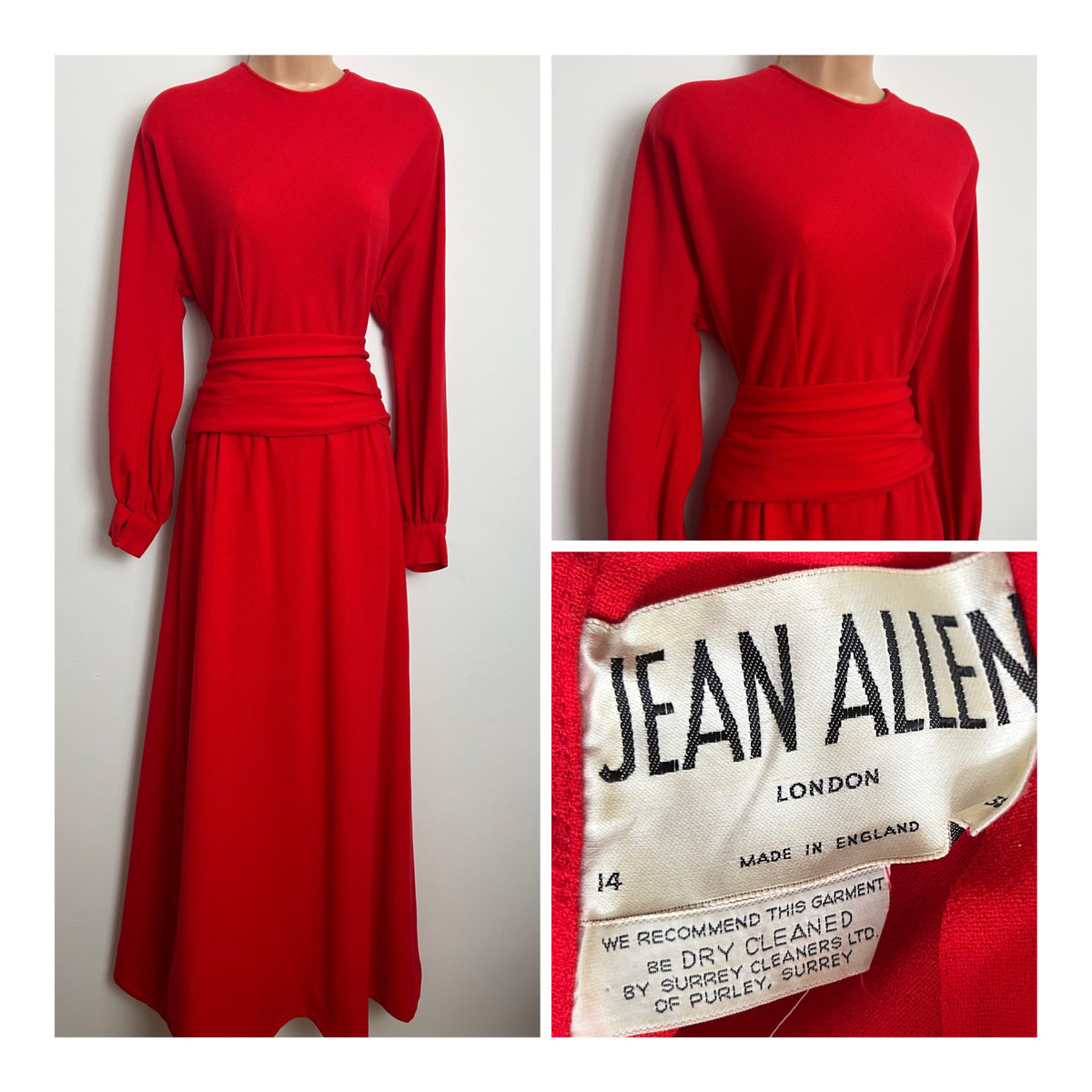 Vintage Early 1970s JEAN ALLEN Size 8 Red Long Dolman Sleeve Cummerbund Belted Occasion Maxi Dress