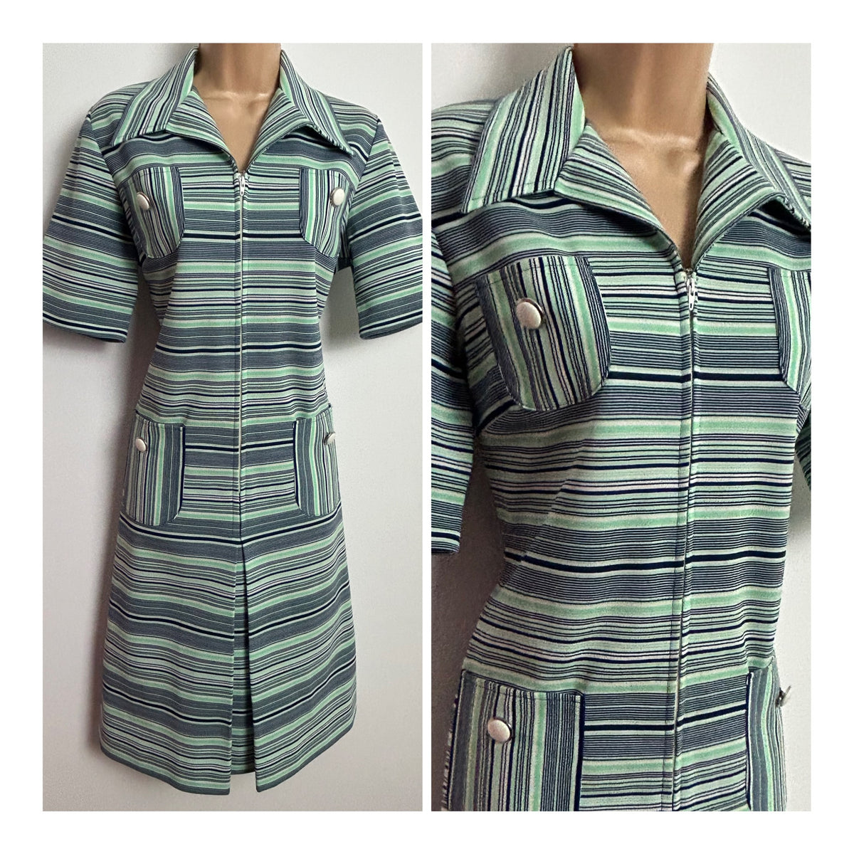 Vintage 1970s MISS JEANNIE Size 14 Navy Blue Green & White Stripe Print Pocket Detail Zip Front Shift Mod Dress