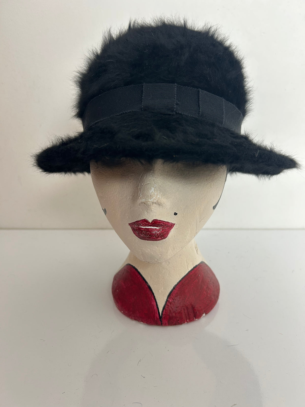Vintage Black Angora Mix Bucket Style Hat With Grosgrain Trim