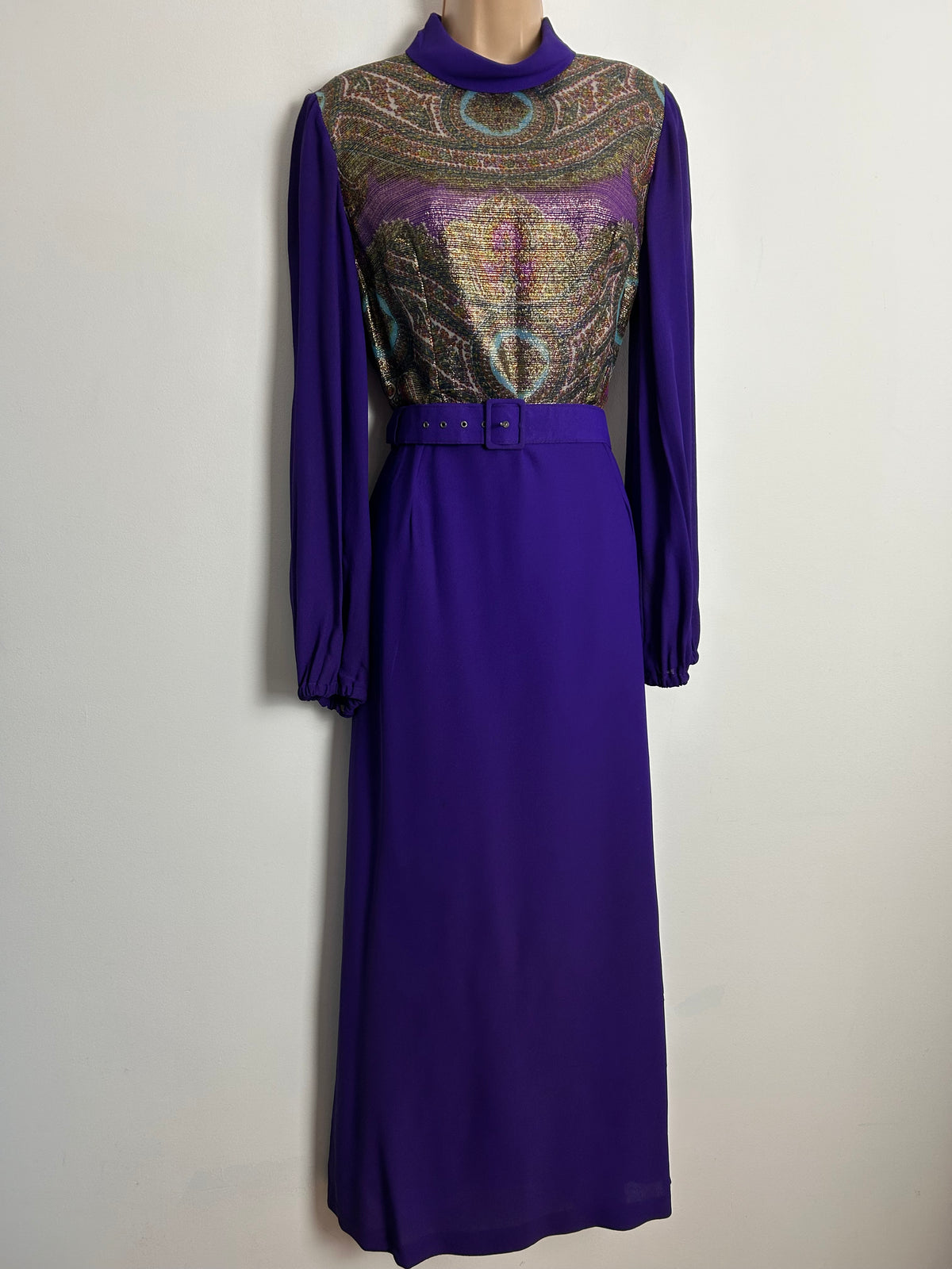 Vintage Late 1960s JOBI UK Size 10-12 Purple Teal & Gold Lurex Pattern Bodice Belted Occasion Maxi Dress