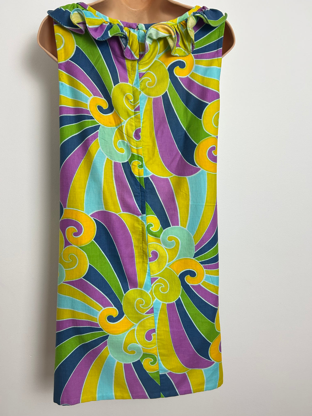 Vintage 1960s Size 10-12 Yellow Blue Purple & Green Swirl Print Ruffle Trim Shift Dress