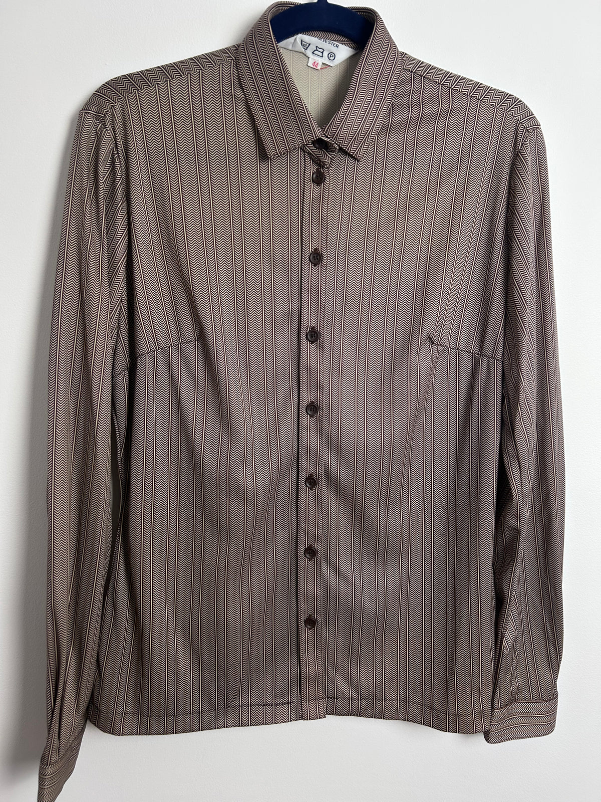 Vintage 1970s Size 14 Brown & White Chevron Stripe Print Long Sleeve Shirt