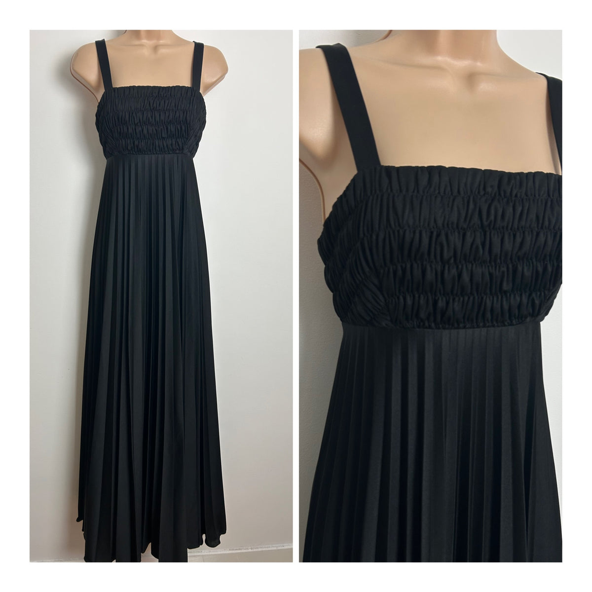 Vintage 1970s Size 6 Black Shirred Bodice Pleated Empire Line Maxi Dress