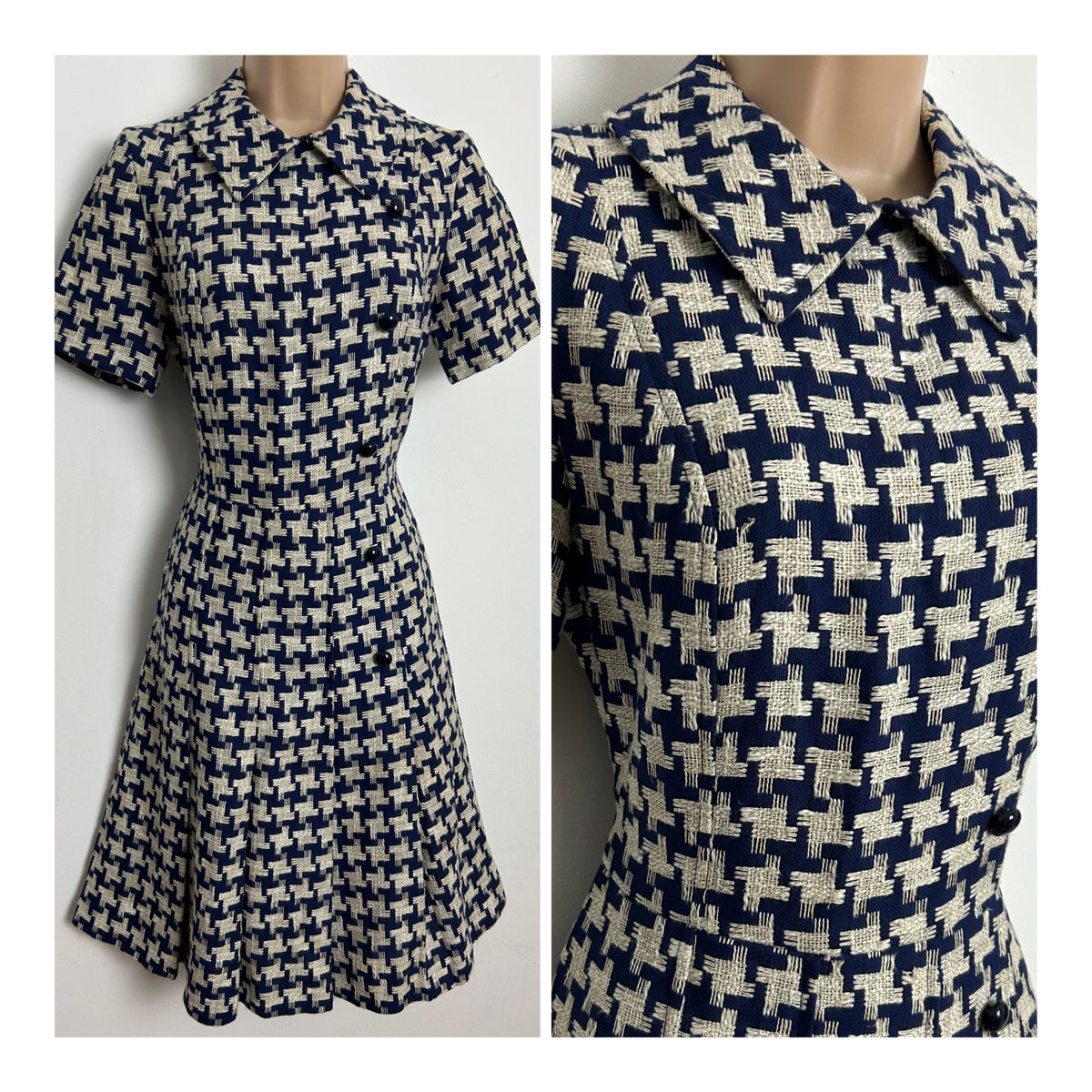 Vintage 1960s Size 8 Navy Blue & Cream Embroidered Dogtooth Check Mod Dress