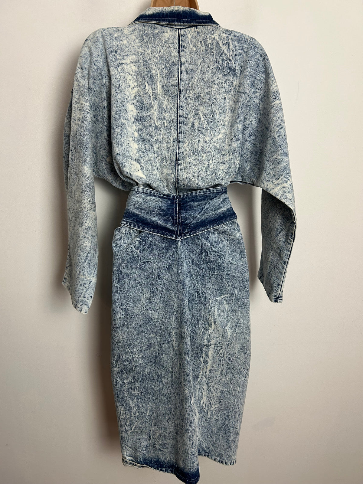 Vintage 1980s RARE ST DENIS UK Size 12 Acid Wash Blouson Style Zip Pocket Belted Deni Dress