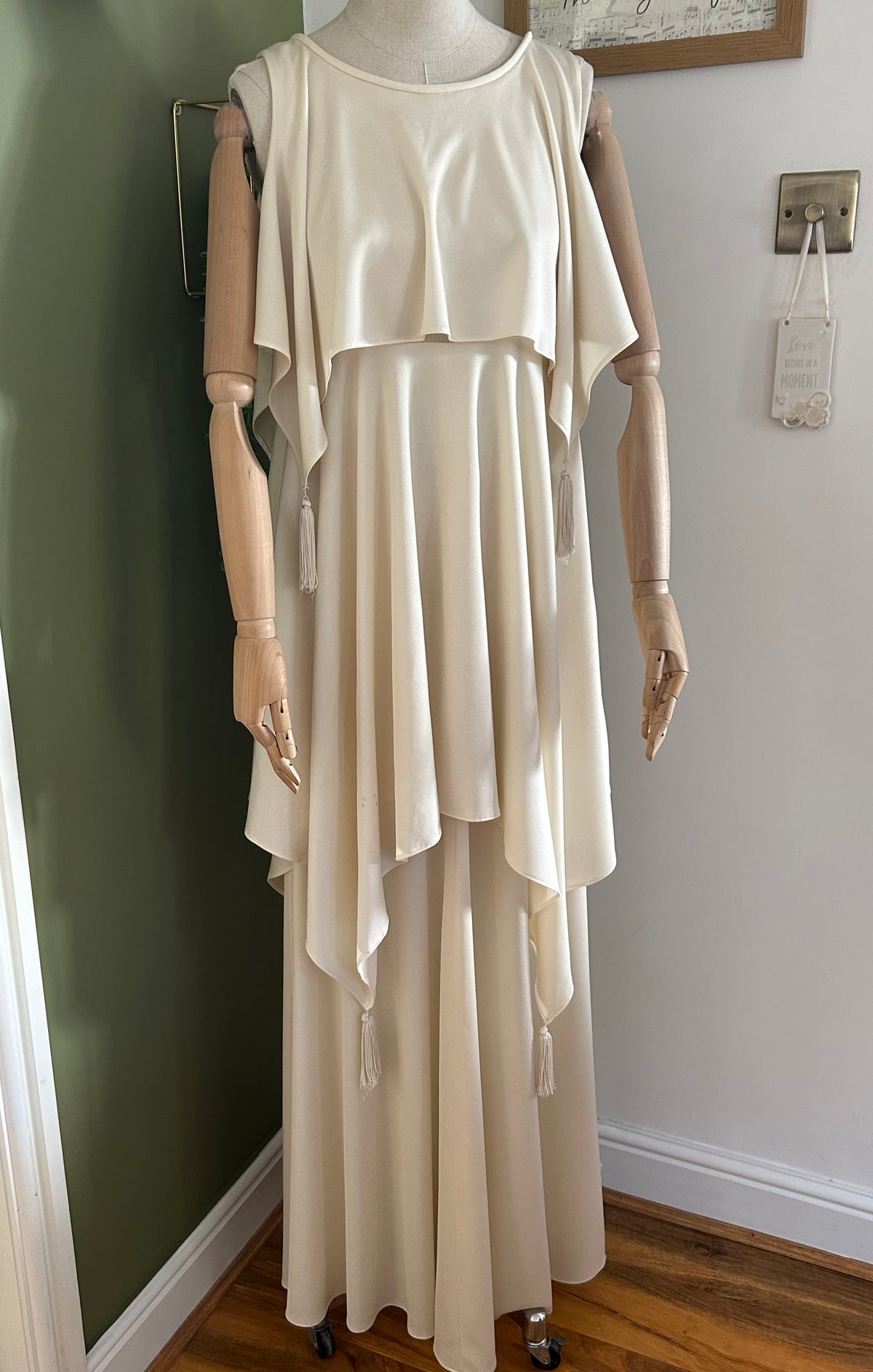 Vintage 1970s JOHN CHARLES LONDON Size 10-12 Cream Triple Layered Tassel Detail Boho Occasion Maxi Dress