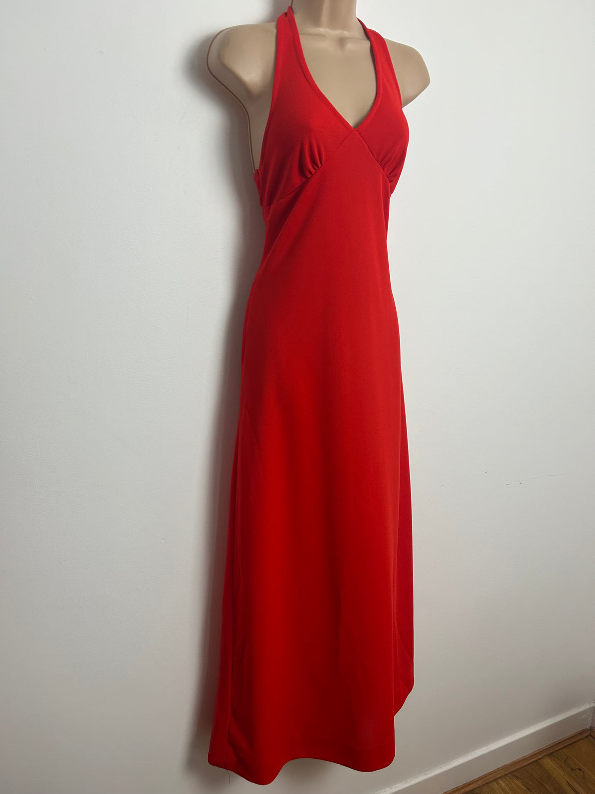 Vintage 1970s SHELANA Red Halterneck Racer Back Maxi Dress Size 8