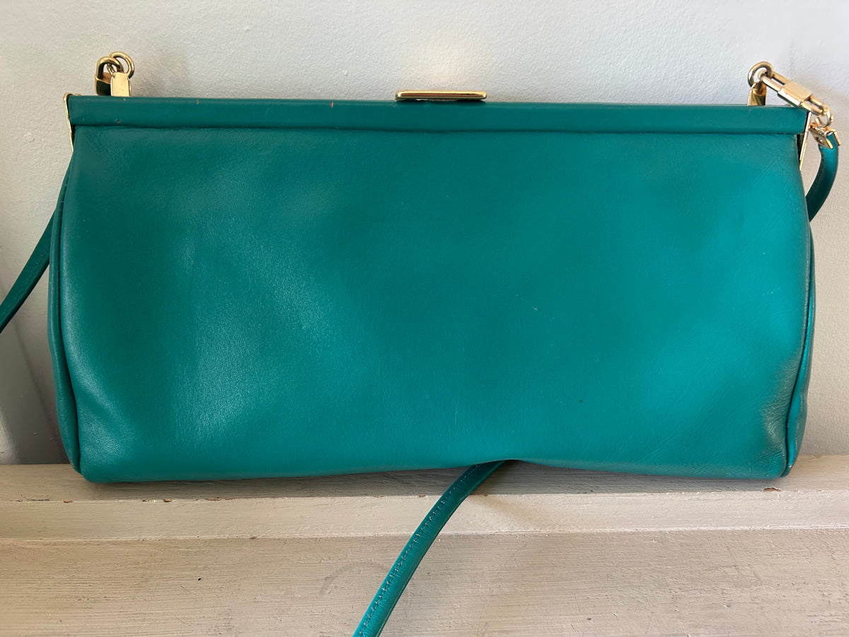 Vintage 1980s Jade Green Faux Leather Stitch Detail  Shoulder Or Clutch Bag