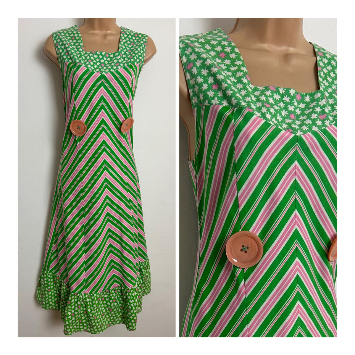 Vintage 1970s Size 10-12 Green & Pink Chevron Stripe & Leaf Print Cotton Button Detail Shift Dress
