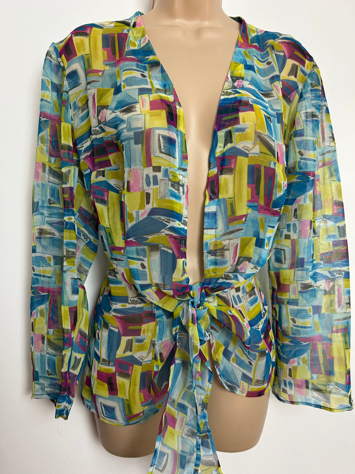 Vintage 1980s Size 12 Blue Pink & Yellowy Green Abstract Print Semi Sheer Tie Front Cover Up Top