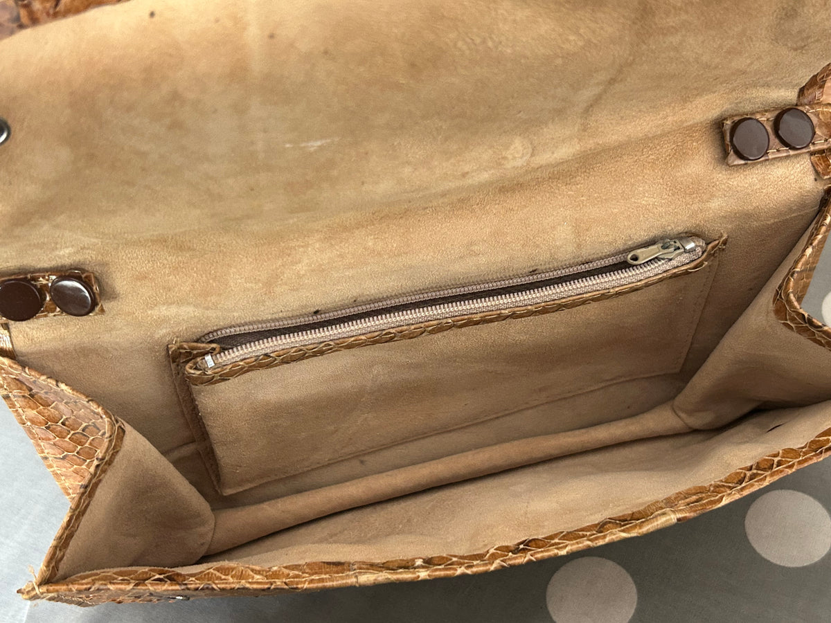 Vintage 1970s Small Tan Brown Real Snake Skin/Reptile Shoulder Bag Or Clutch